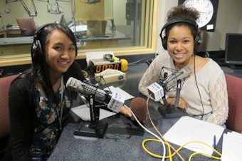 caption: Angela and Nia recording the RadioActive podcast in KUOW&apos;s studios.