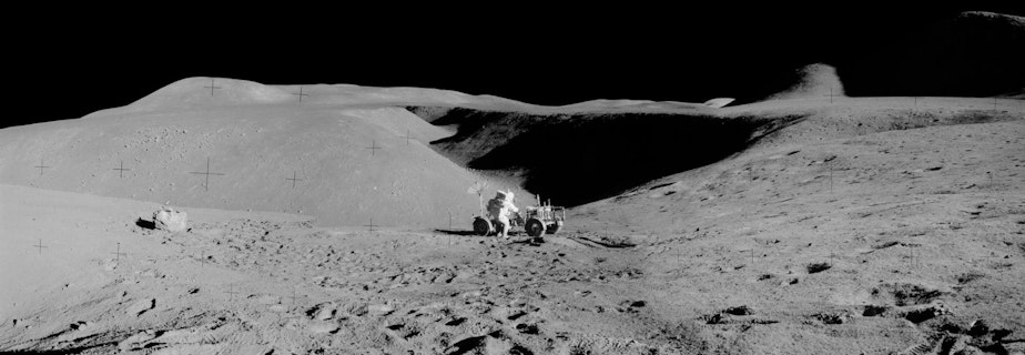 caption: A panorama of the lunar landscape taken by astronaut James Irwin.