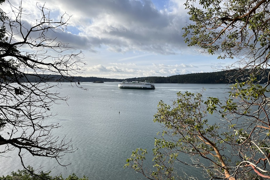 caption: A ferry seen from Orcas Island, Washington.