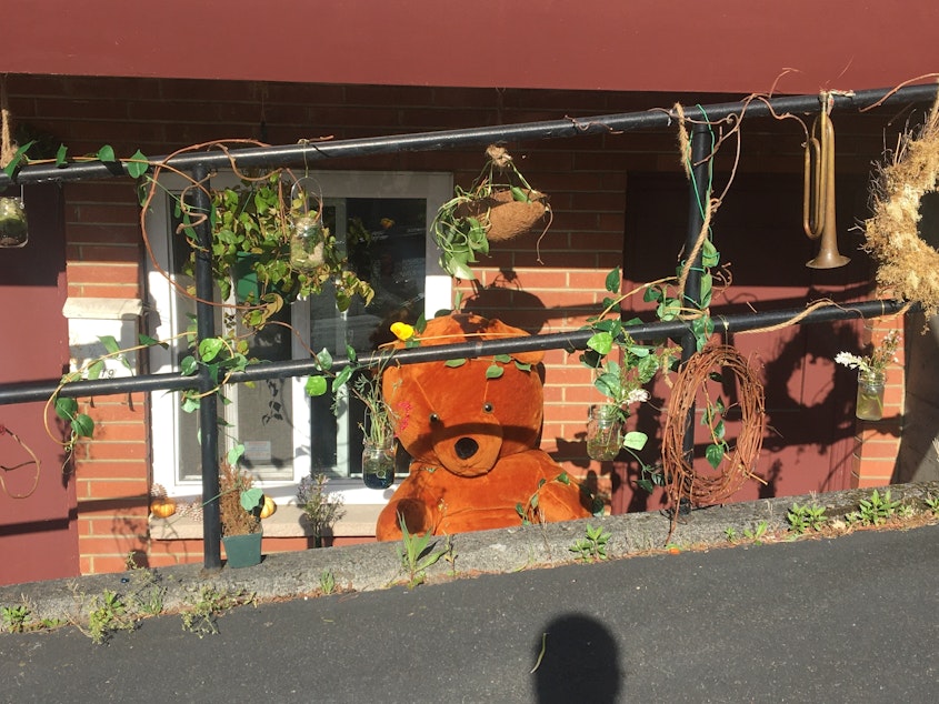 caption: Mark Siano's teddy bear decorates the front porch of his home, ready for #artdisplays4homestays