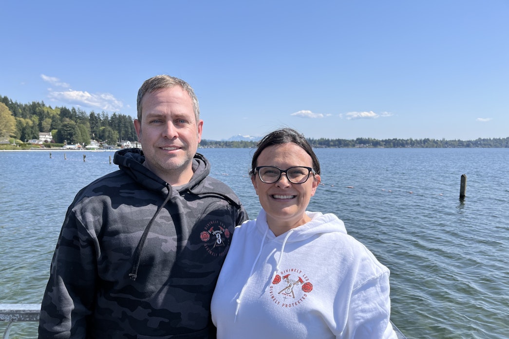 caption: David and Lauren Petersen in Lake Stevens, Washington, in May 2025. David is one of eight plaintiffs suing Snohomish Regional Fire and Rescue for religious discrimination related to the Covid vaccine mandate.