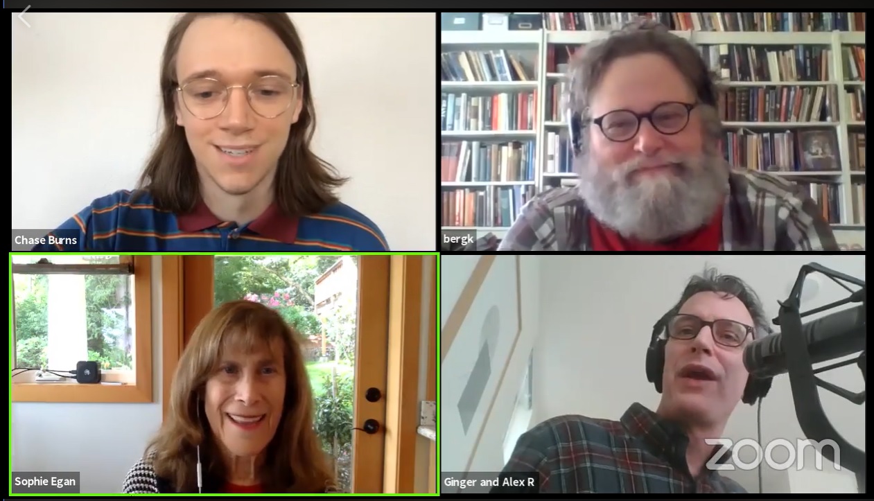 caption: Chase Burns, Knute Berger, Joni Balter, and Bill Radke participating in our first live streamed from home Week in Review.