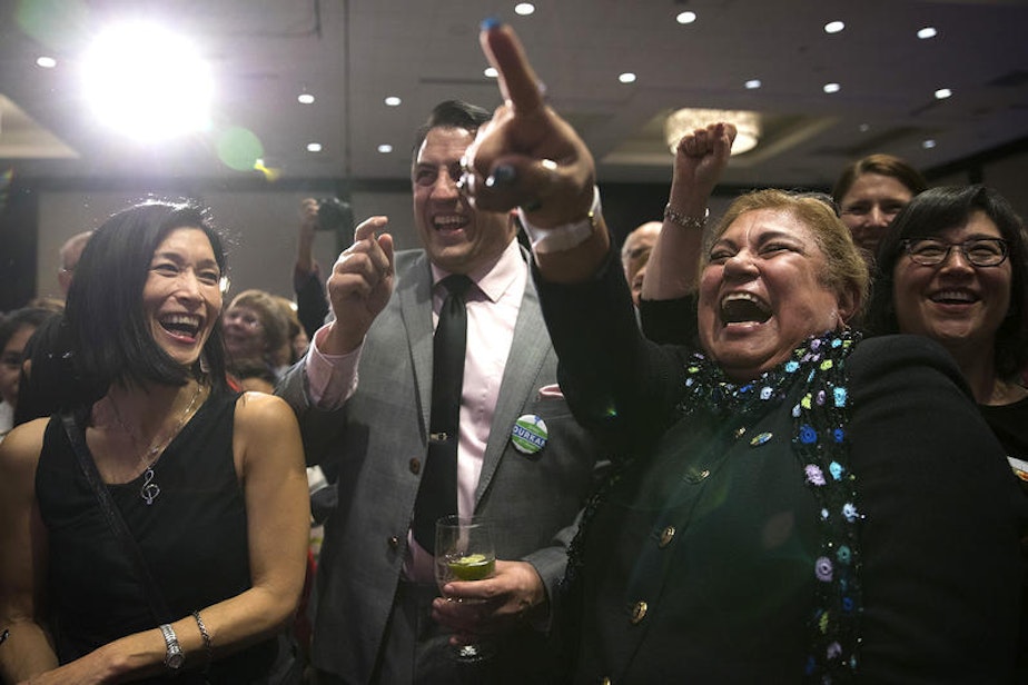 caption: Rosa Melendez, right, points toward Jenny Durkan as she thanks her volunteers on Tuesday, November 7, 2017, at The Westin in Seattle.