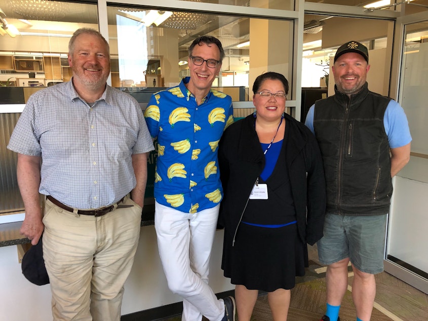 caption: Mike McGinn, Bill Radke, Naomi Ishisaka and John Murray at KUOW.