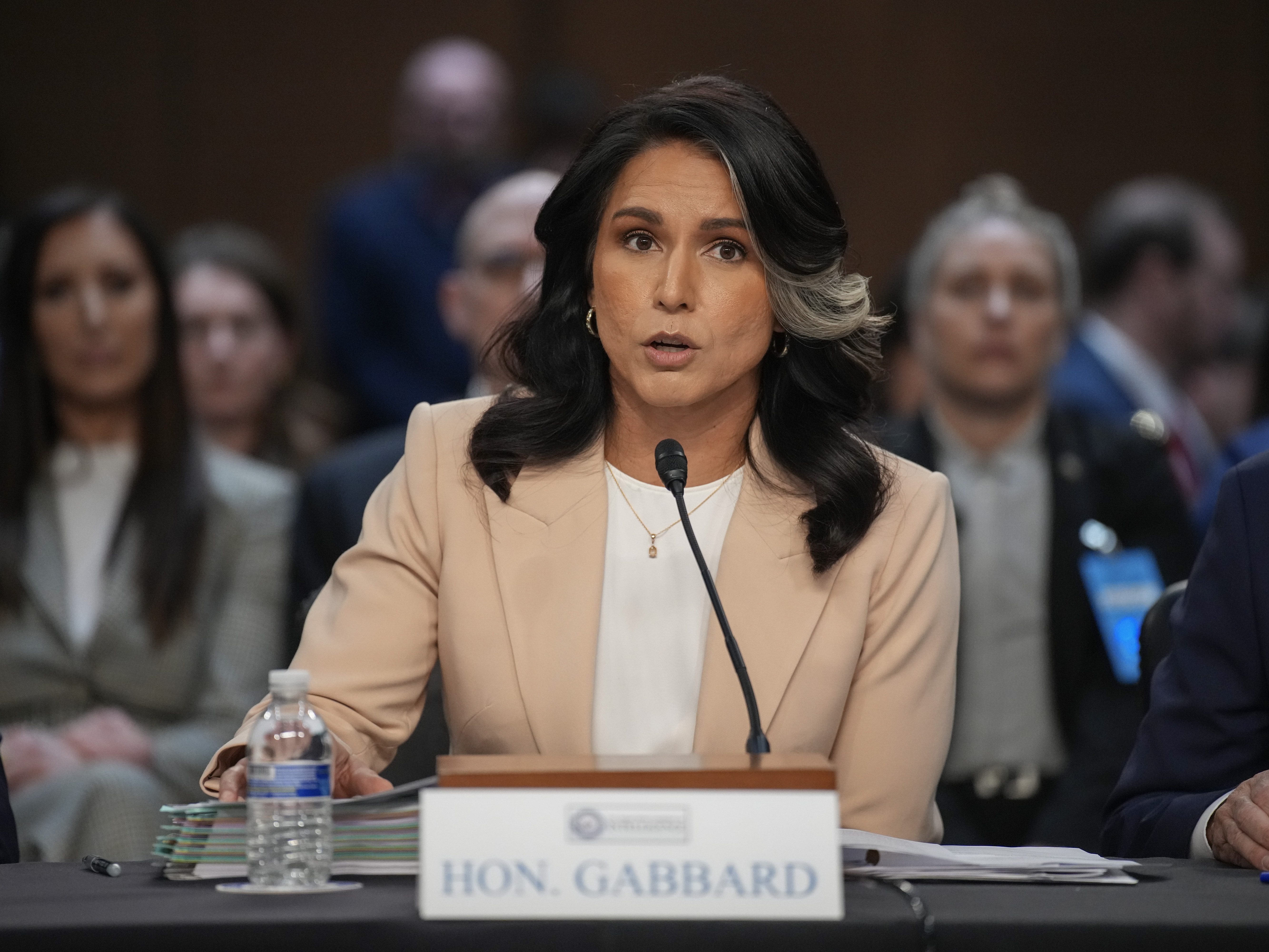 caption: WASHINGTON, DC - MARCH 25:   Director of National Intelligence Tulsi Gabbard appeared during a Senate Committee on Intelligence Hearing on March 25, 2025 in Washington, DC.  Despite a decline in fentanyl overdose deaths, her team ranked smuggling and drug cartels as top threats to U.S. security.