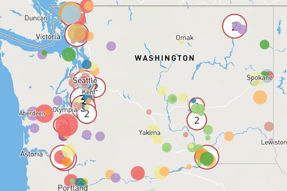 caption: Washington's biggest climate polluters, like those shown on this map, have to reduce their emissions under a pending "cap and trade" law. Scroll down to see interactive map.