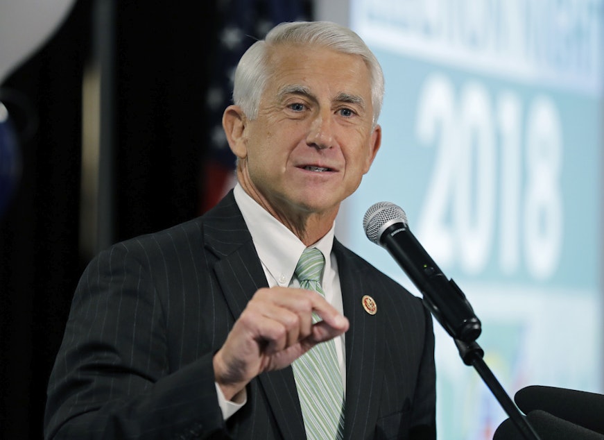 caption: Then-Rep. Dave Reichert, R-Wash., speaks on Nov. 6, 2018, at a Republican party election night gathering in Issaquah, Washington. Reichert filed campaign paperwork with the state Public Disclosure Commission on Friday, June 30, 2023, to run as a Republican candidate for governor.