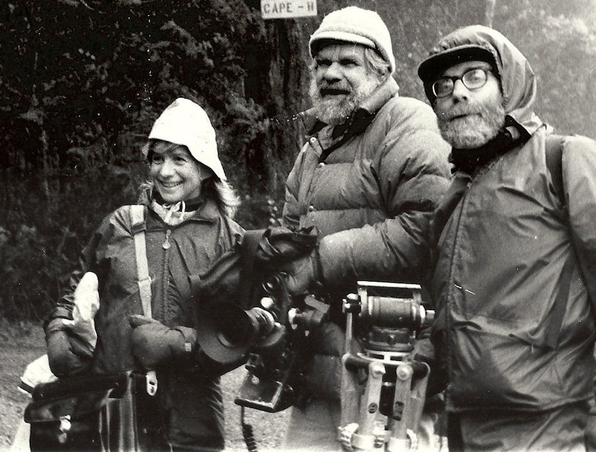 caption: Jean Walkinshaw (far left)  with photographer Wayne Sourbeer and writer Ivan Doig.
