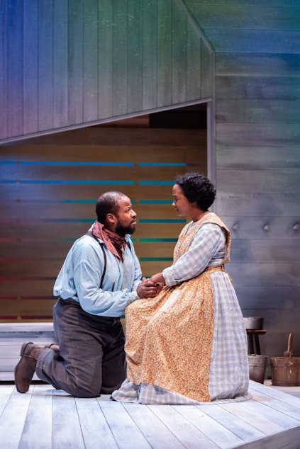 caption: Dedra D. Woods and Yusef Seevers in "Last Drive to Dodge" by Andrew Lee Creech at Taproot Theatre.