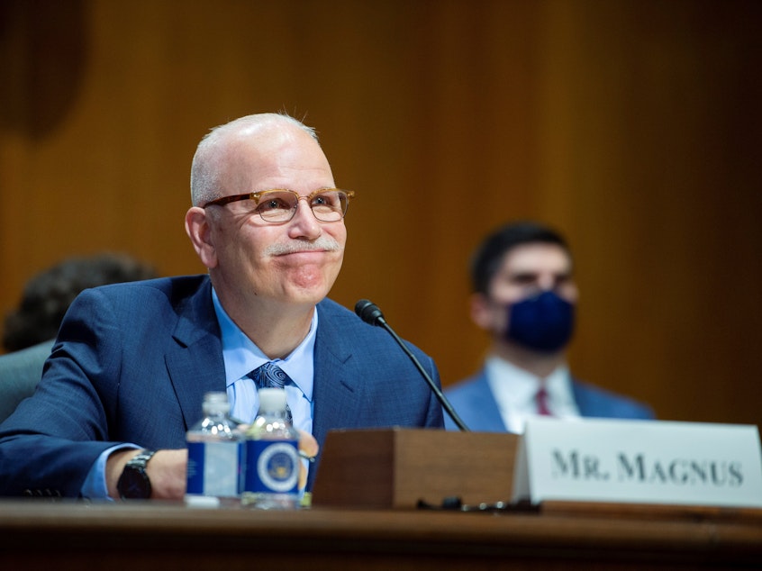 caption: Chris Magnus testifies before the Senate Finance Committee on his nomination to be the next U.S. Customs and Border Protection commissioner, Tuesday, Oct. 19, on Capitol Hill in Washington, D.C.