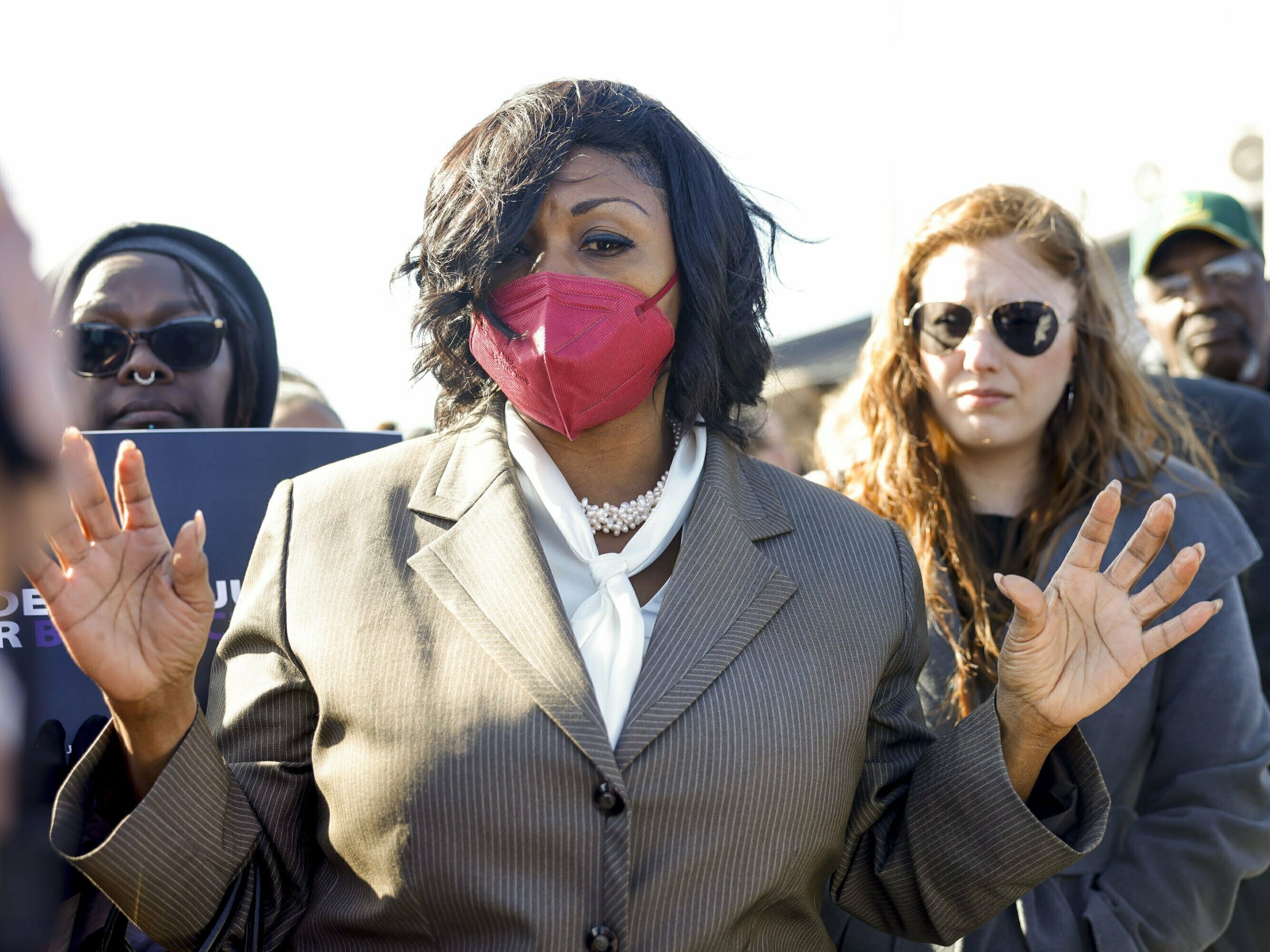 caption: Plaintiff Rhonda Grayson speaks outside of the Muscogee Nation court building after a hearing challenging the Muscogee citizenship board on Thursday, Dec. 1, 2022, in Okmulgee, Okla.