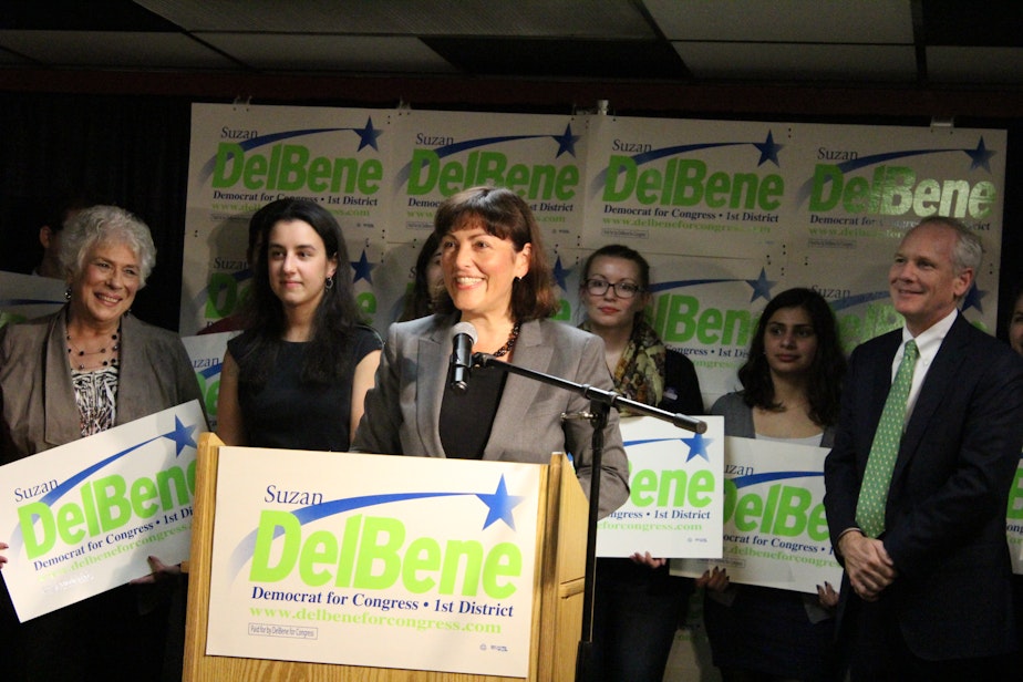 caption: Democratic US Rep. Suzan DelBene at her election night party announcing that based on results so far "we're going to win"