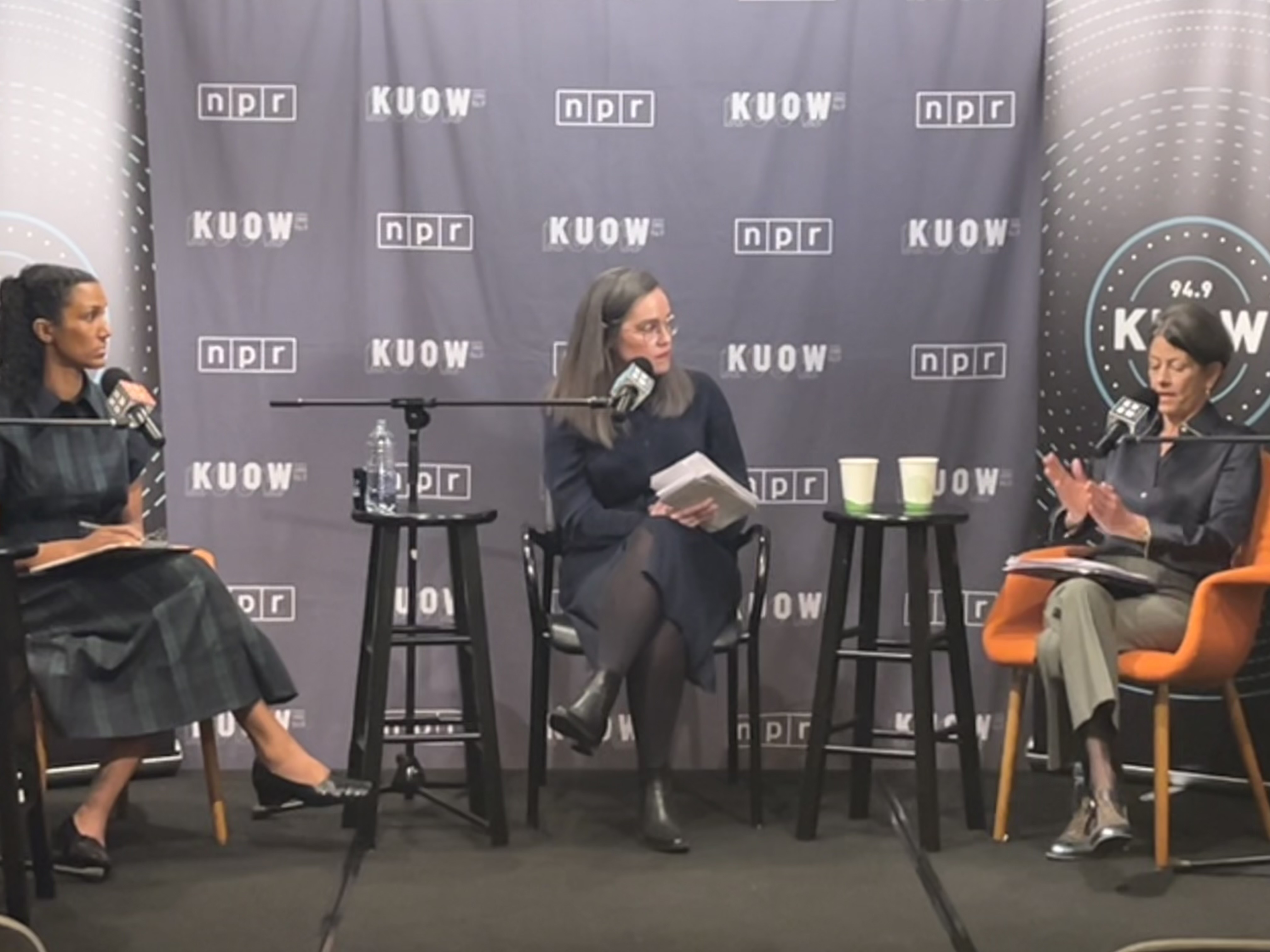 caption: Seattle City Council Position 9 candidates Dionne Foster (left) and Sara Nelson (right) joined Soundside host Libby Denkmann (center) for a debate at the KUOW Studios on October 13, 2025.