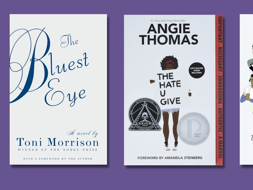 caption: <em>The Bluest Eye, The Hate U Give</em> and <em>Queer, There and Everywhere</em> are among the books that have faced bans around the country.