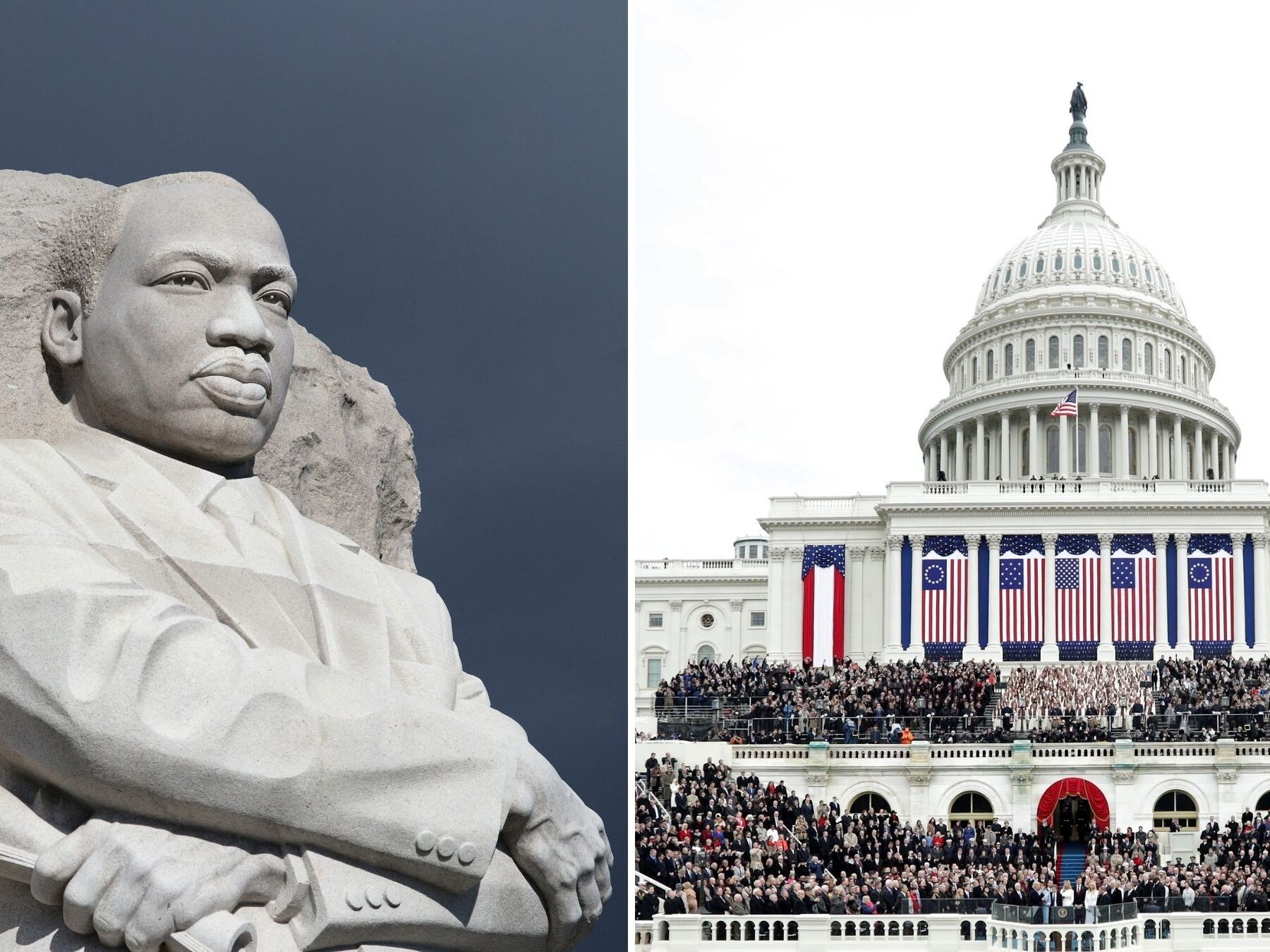 caption: Side-by-side photos of the Martin Luther King, Jr. Memorial and Trump's 2017 inauguration, both in Washington, D.C. Almost a decade later, Trump will be sworn in for his second term on MLK Day.