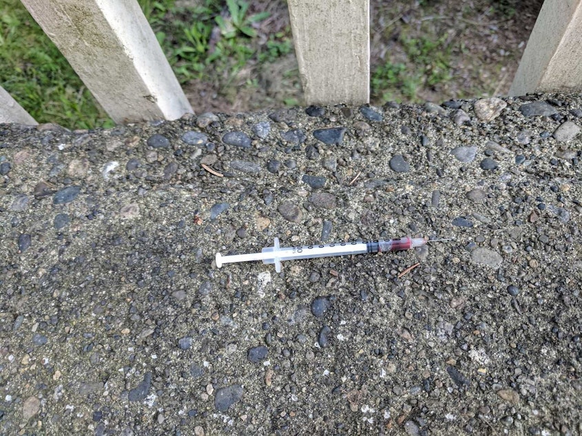 caption: Uploaded to the Find It, Fix It app under the category "needles" on April 26, 2019 in Northgate.