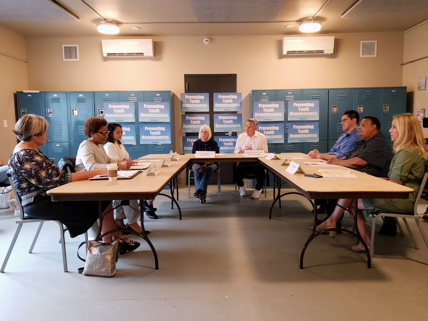 caption: Senator Murray, Executive Constantine, and the preventing youth homelessness roundtable on Tuesday, August 8, 2023.