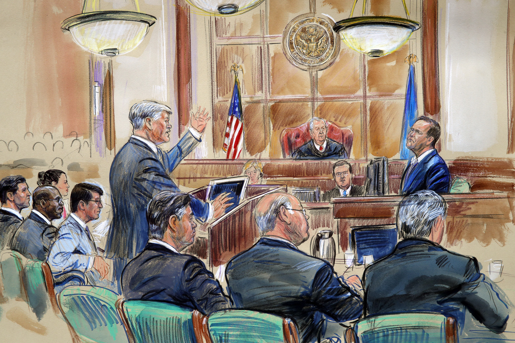 caption: This courtroom sketch depicts defense lawyer Kevin Downing asking questions of Rick Gates, as former Donald Trump campaign chairman Paul Manafort, bottom front left, listens during Manafort's trial on bank fraud and tax evasion at federal court in Alexandria, Va., Tuesday, Aug. 7, 2018. U.S. District court Judge T.S. Ellis III presides. (Dana Verkouteren via AP)