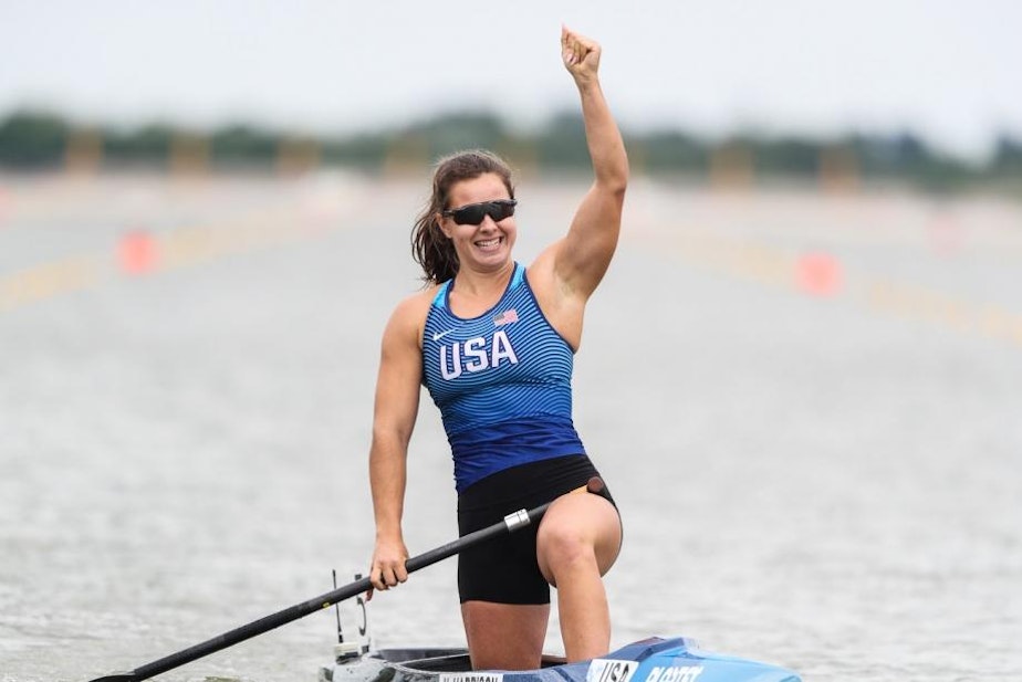 caption: Nevin Harrison celebrates her win at the ICF Sprint Canoe World Cup final in Szeged, Hungary, on May 15, 2021.