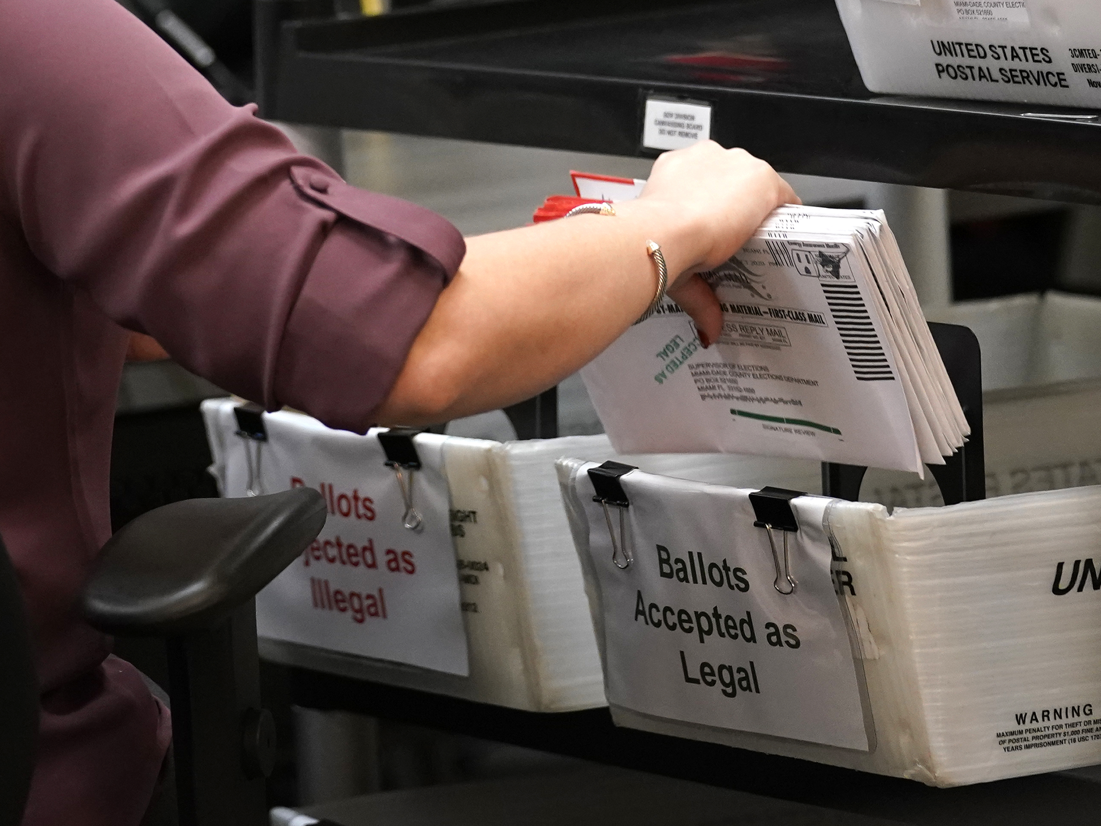 caption: An election worker sorts vote-by-mail ballots at the Miami-Dade County Board of Elections in Doral, Fla., on Oct. 26, 2020. The Florida Legislature on Thursday approved a bill that would alter how residents can vote by mail.