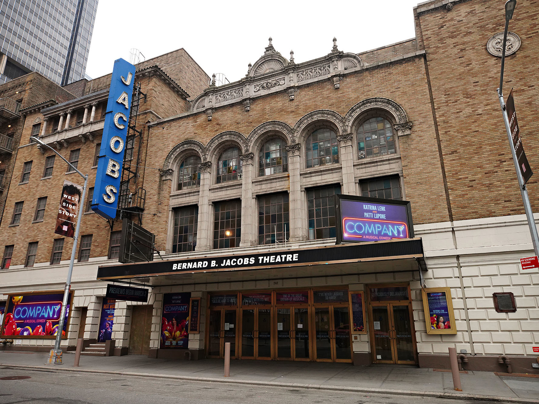 caption: New York Governor Andrew Cuomo announced Monday that Broadway could reopen in May. Above, the Bernard B. Jacobs Theatre near Times Square on Jan. 15, 2021.