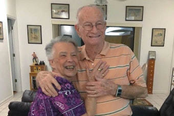 caption: Lillan Bloodworth (left) with her late husband John Bloodworth, at their home in Gulf Breeze, Fla. Lillian, now 92, donated 23 gallons of blood over five decades.