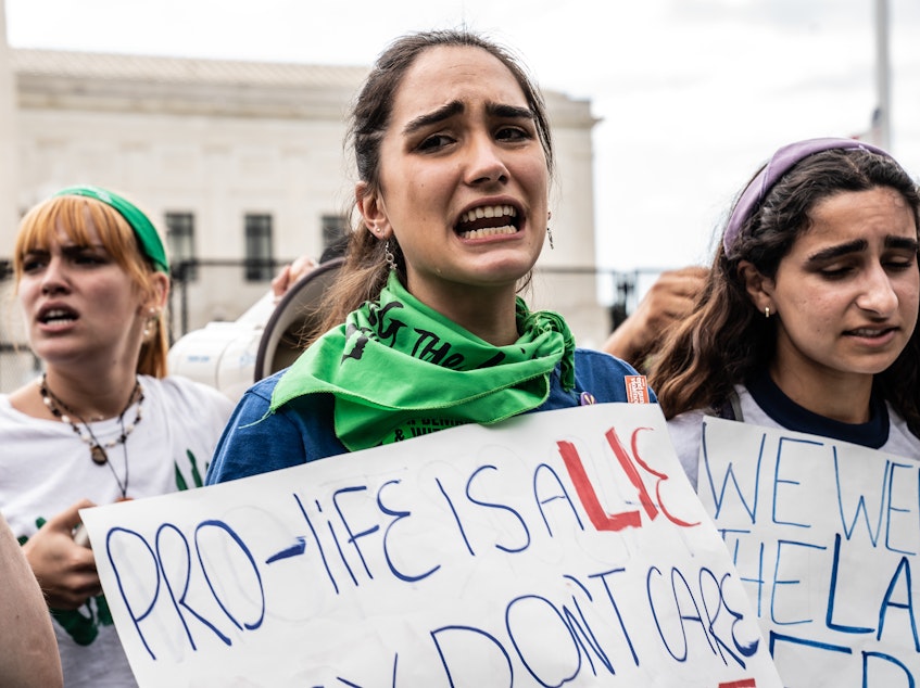caption: Pro-choice protesters react to the decision of Roe v. Wade being overturned at the U.S. Supreme Court.