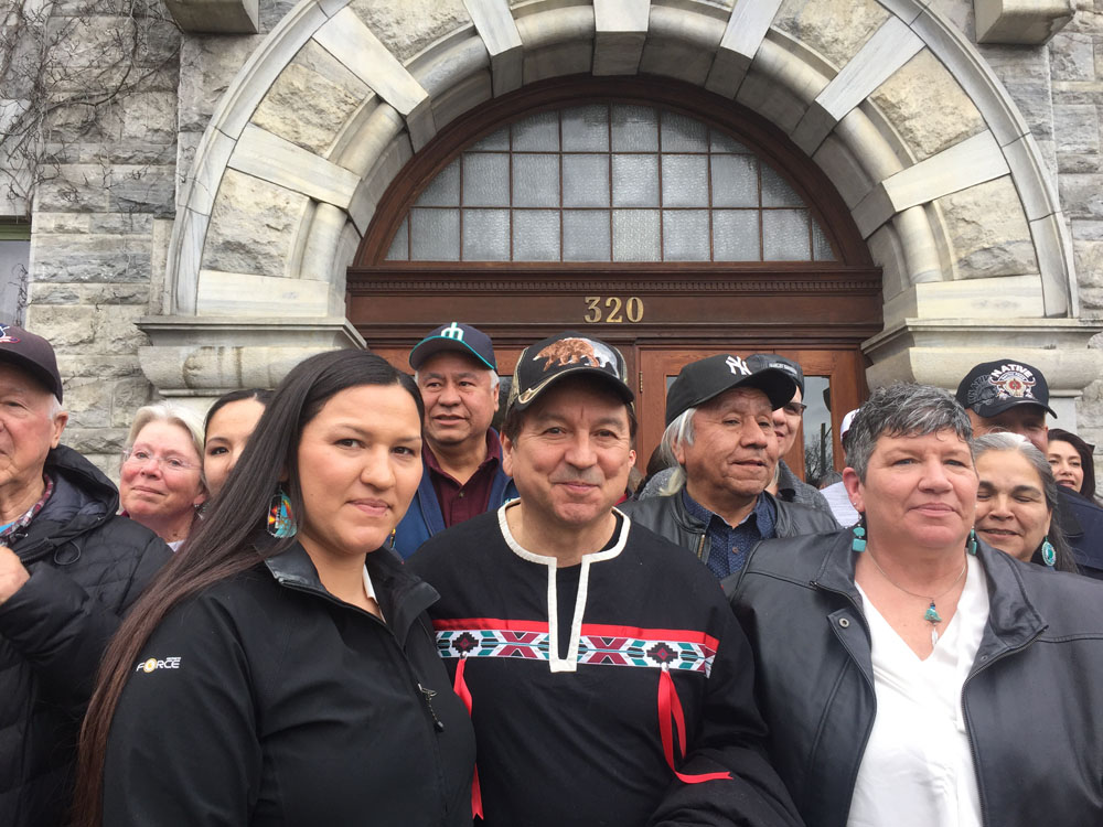 caption: Rick Desautel, his family and other Sinixt descendent celebrated outside the courthouse in Nelson, BC after a trial judge acquitted him of illegal hunting charges in March, 2017.