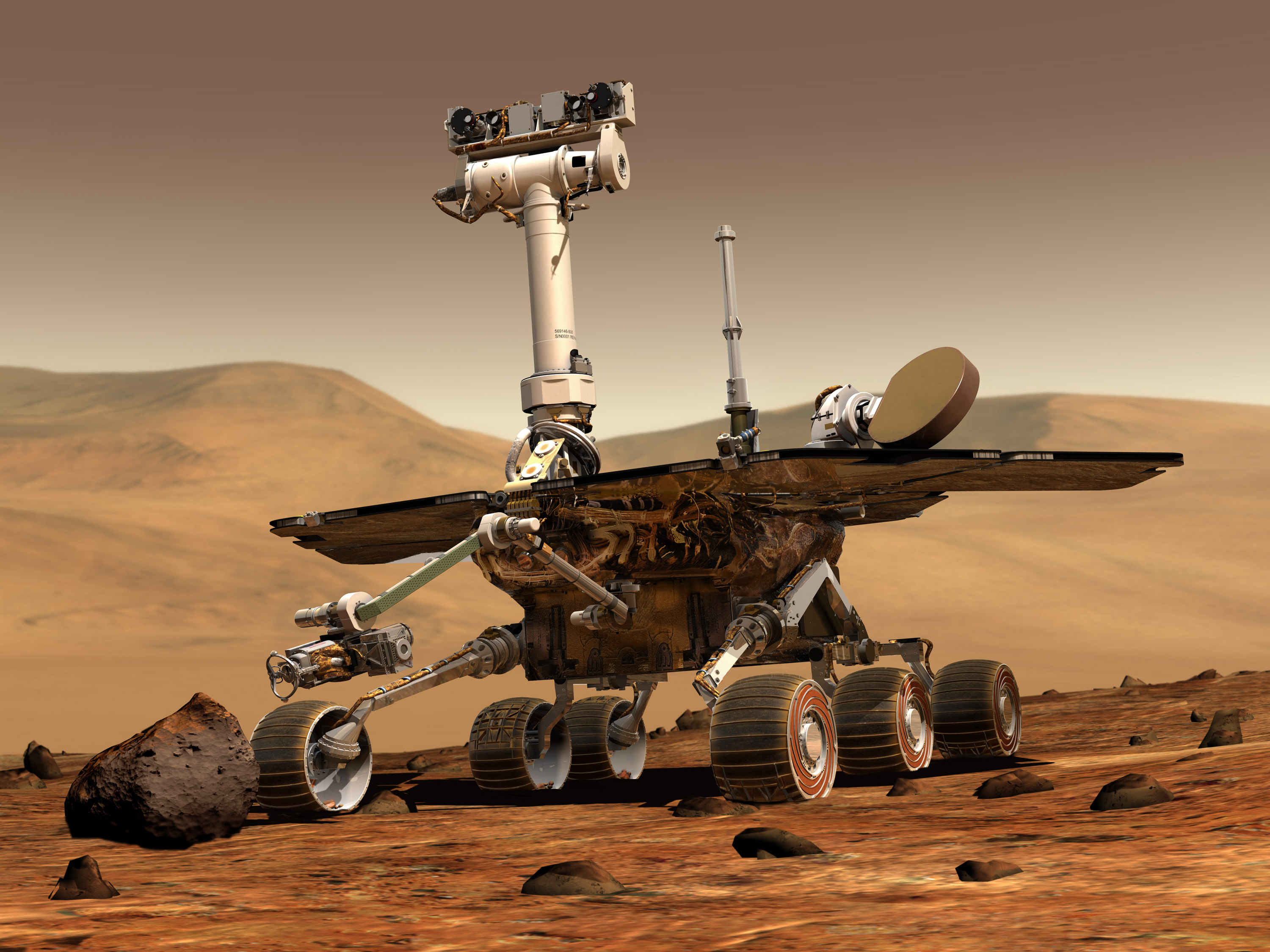 caption: An artist's concept portrays a NASA rover exploring the  surface of Mars.