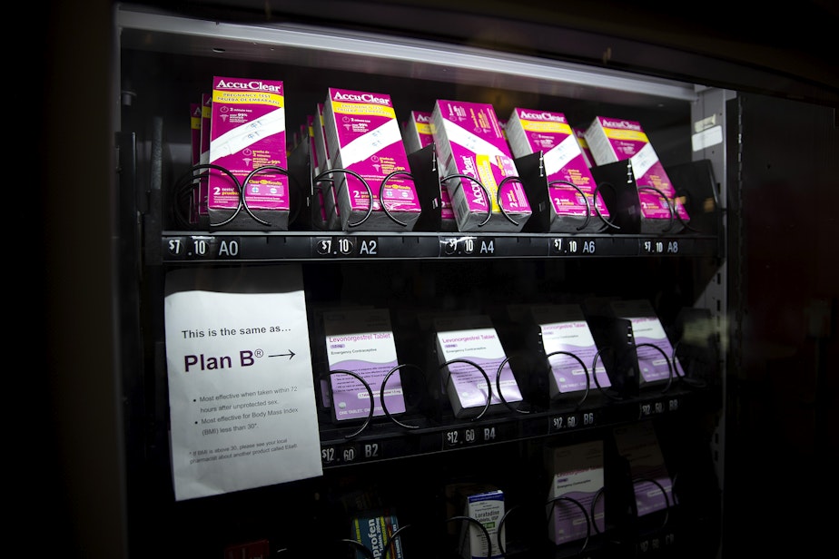 caption: An emergency contraceptive vending machine is shown on Thursday, July 27, 2023, in the lobby of the Odegaard Library on the University of Washington campus in Seattle. 