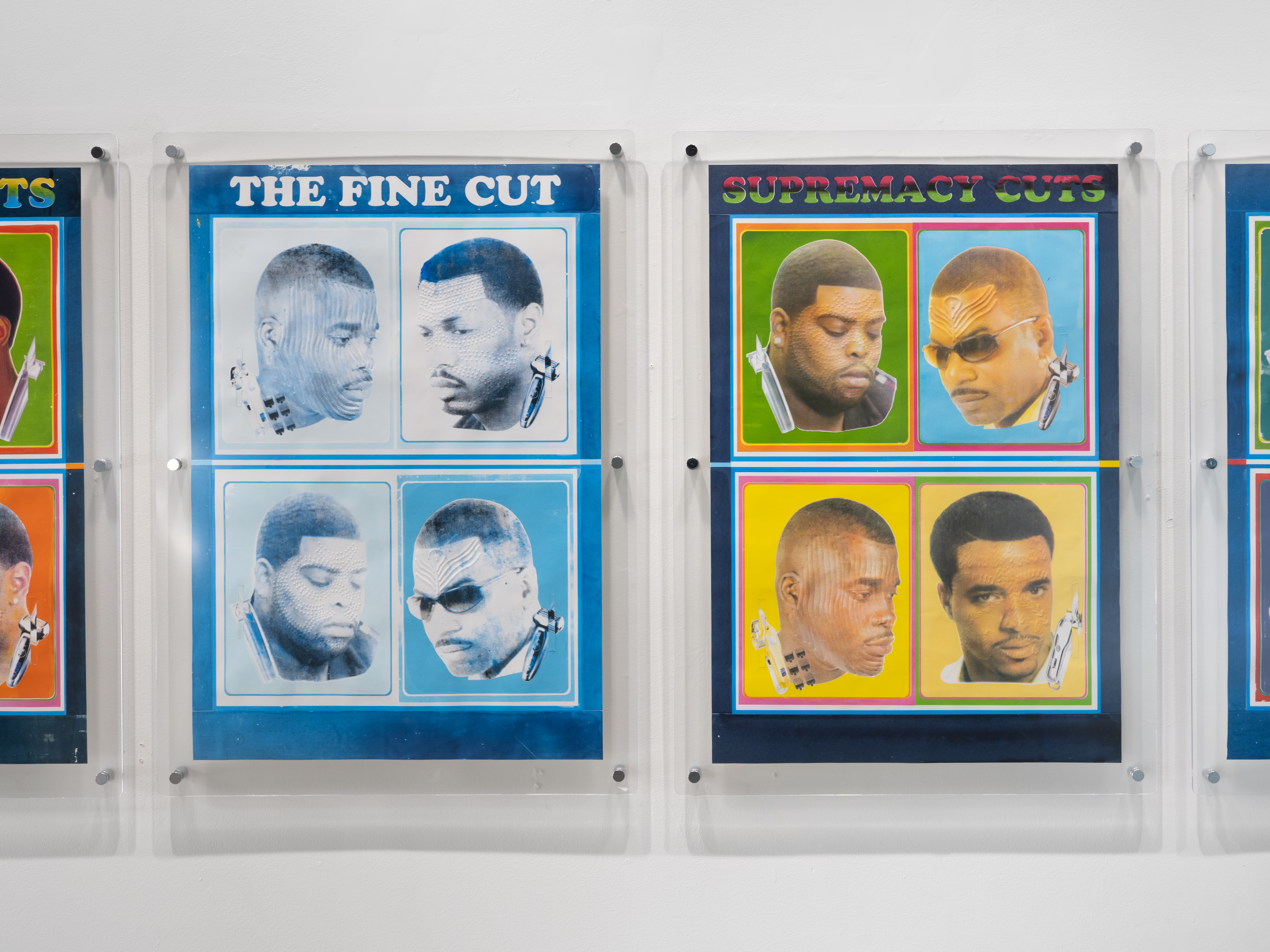 caption: "The Fine Cut" is a re-created barbershop poster that depicts two kinds of cuts — hairstyles of African-American men and ritual scarification of African faces.