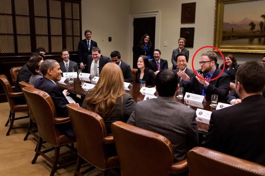 caption: Clay Johnson, accused of sexual assault, at a meeting with President Barack Obama.
