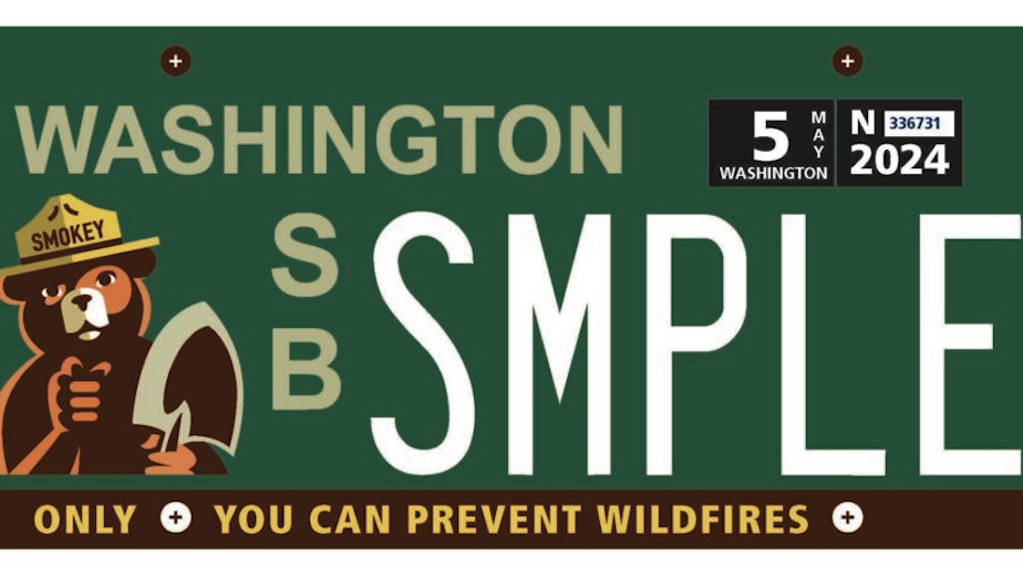 caption: A example of a Smokey the Bear specialty license plate. In 2024, Washington's Senate is considering a bill that would establish the plate in the state to raise funds for human-caused wildfire prevention. 