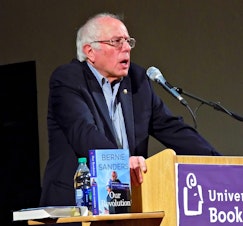caption: Sen. Bernie Sanders speaks at University Methodist Church in Seattle on Wednesday night.
