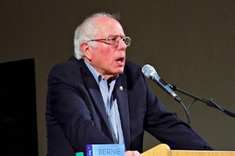 caption: Sen. Bernie Sanders speaks at University Methodist Church in Seattle on Wednesday night.