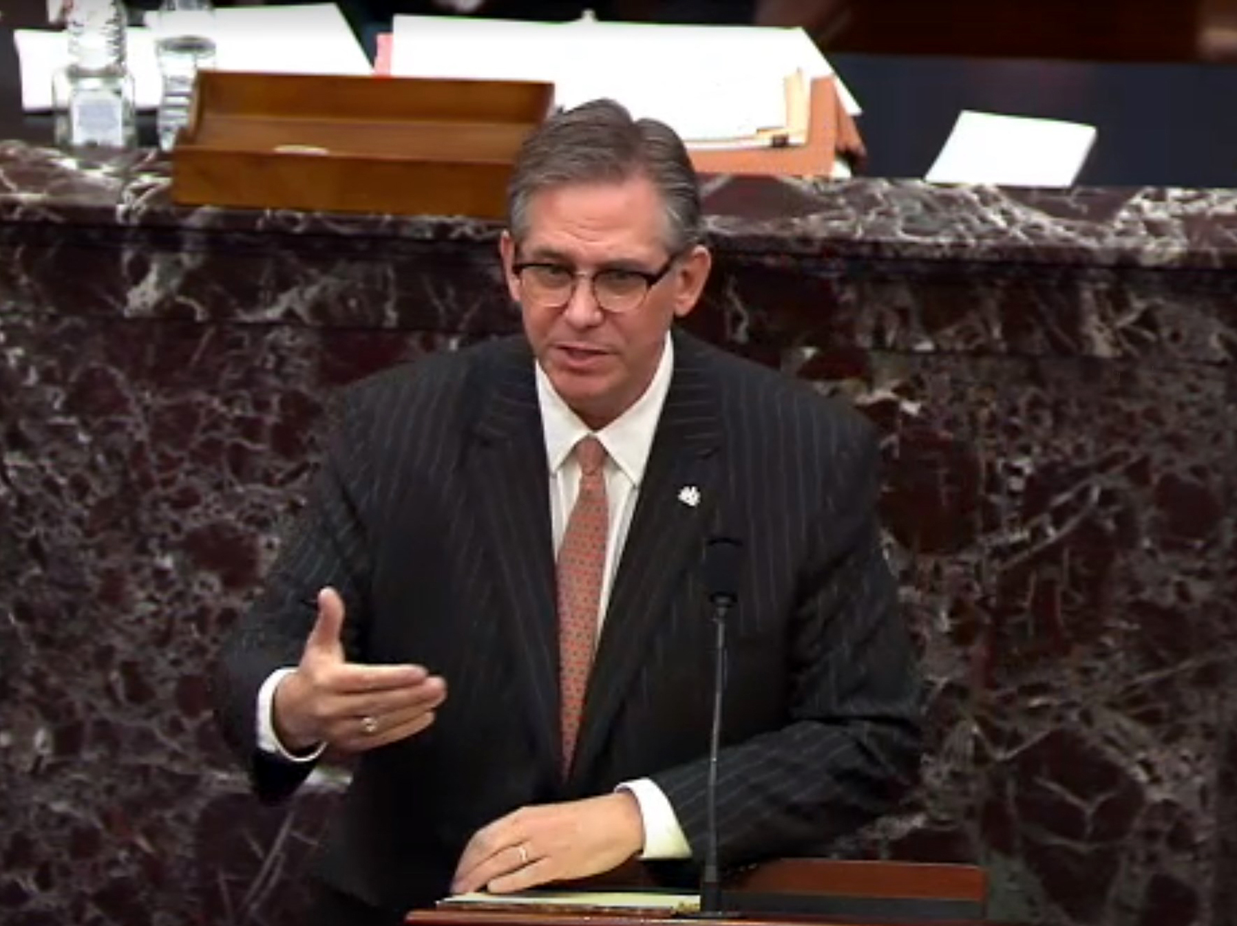 caption: In this screenshot taken from a congress.gov webcast, Bruce Castor Jr. defense lawyer for former President Trump speaks on the first day of Trump's second impeachment trial.