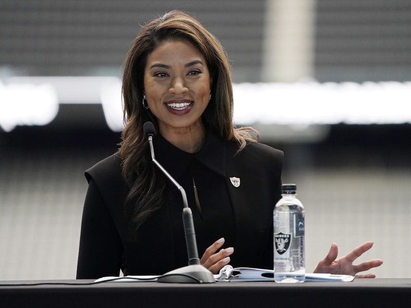 caption: Sandra Douglass Morgan speaks during a news conference announcing her as the new president of the Las Vegas Raiders NFL football team Thursday, July 7, 2022, in Las Vegas.