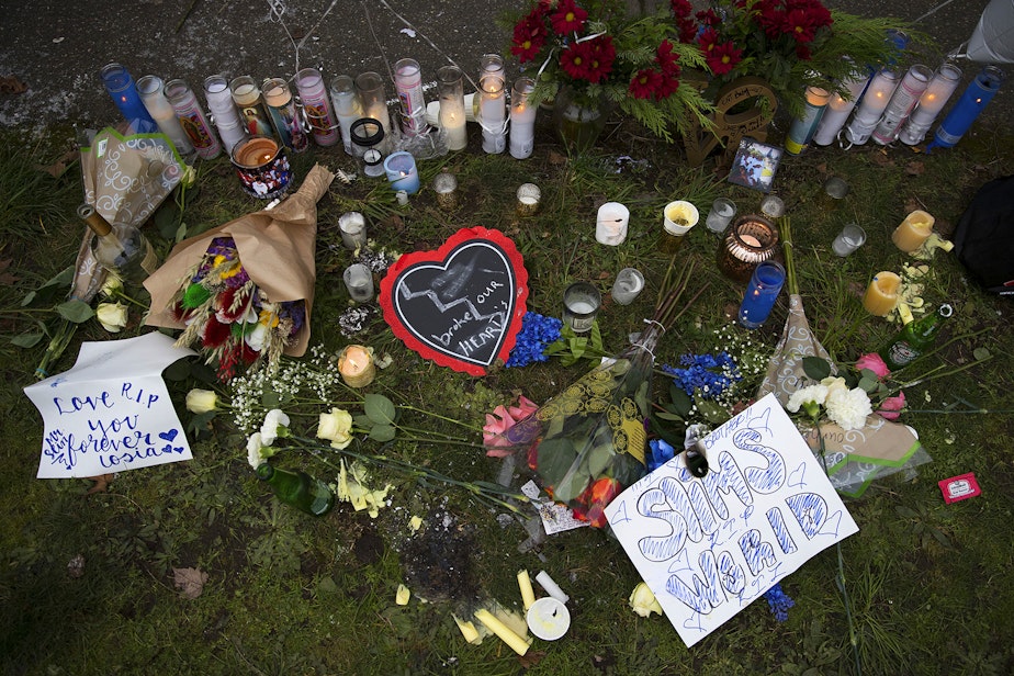 caption: A memorial for Iosia Faletogo is shown on Wednesday, January 2, 2019, at the intersection of North 96th Street and Aurora Avenue North in Seattle. Faletogo was shot and killed by Seattle police on New Year's Eve.