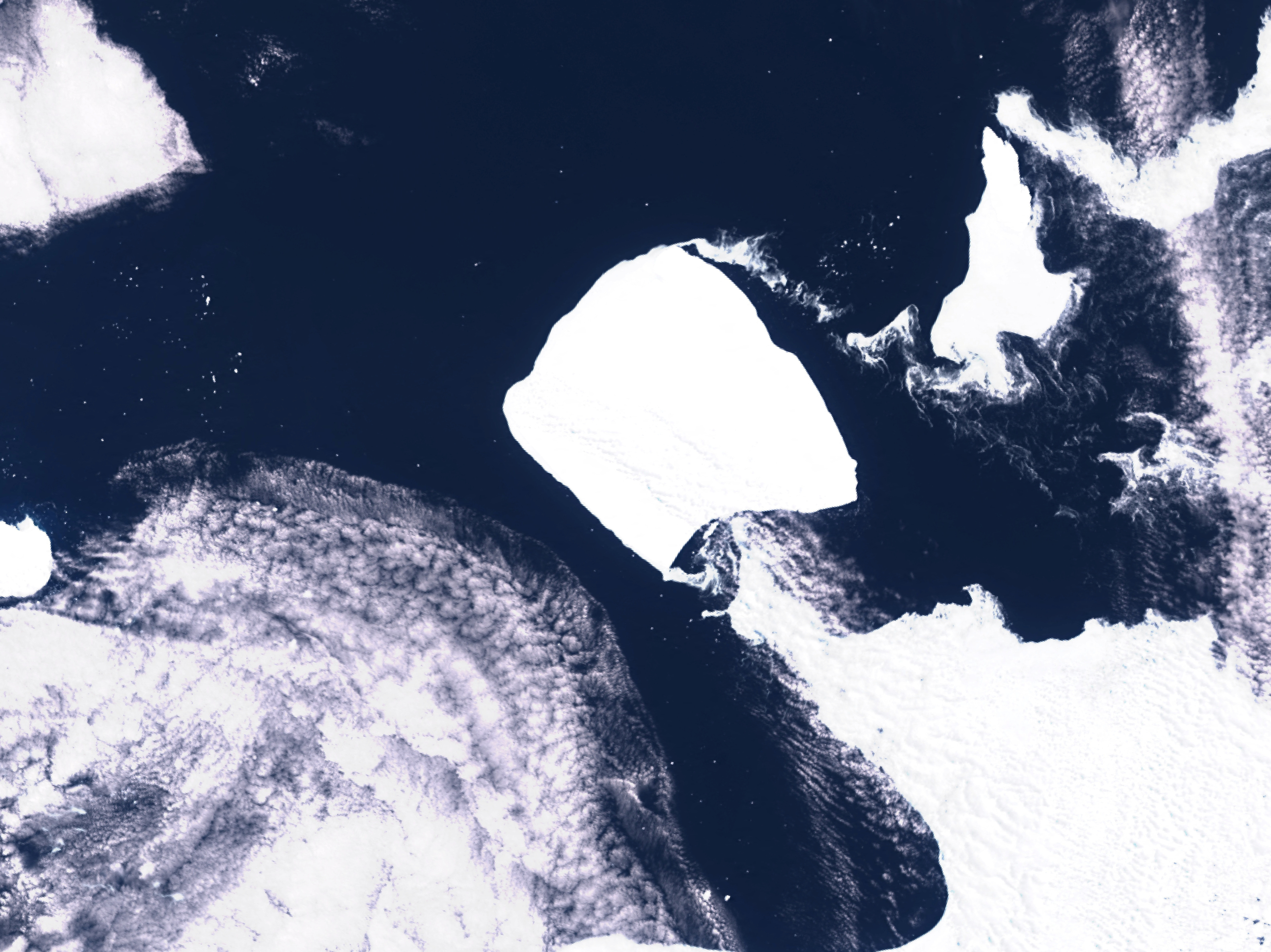 caption: The world's largest iceberg, A23a, is moving into the open waters near Antarctica after being essentially stuck in place for decades. It's seen here in satellite imagery from Nov. 15.