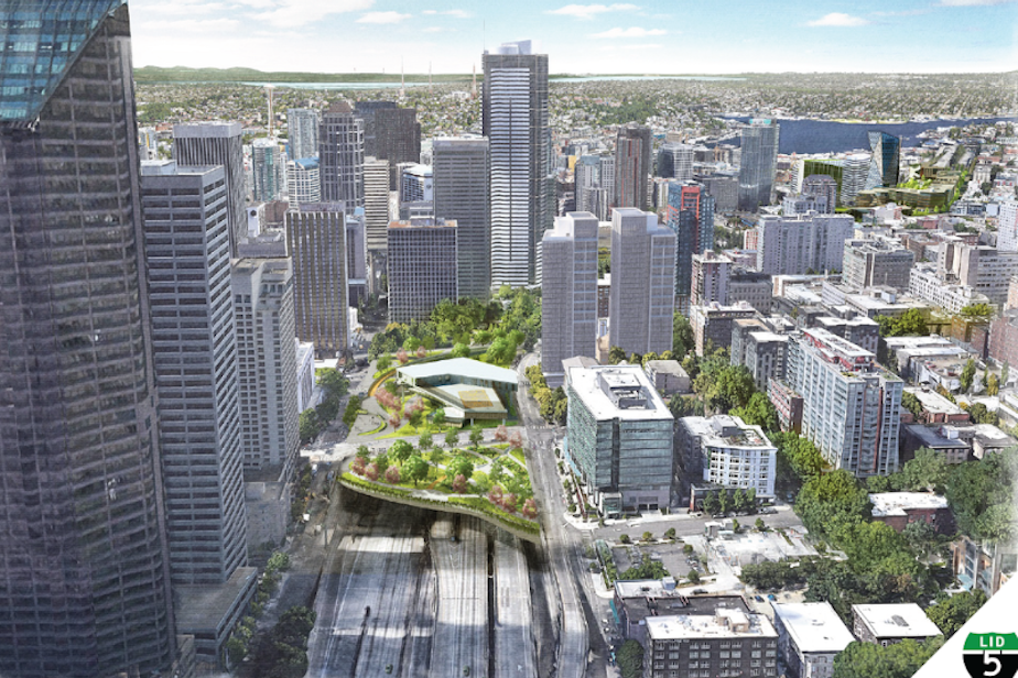 caption: A graphic showing the potential for a lid constructed over I-5 through Downtown Seattle, creating park space. 
