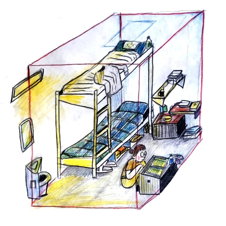 caption: Rebecca Burke's drawing of her ICE detention cell in Tacoma.