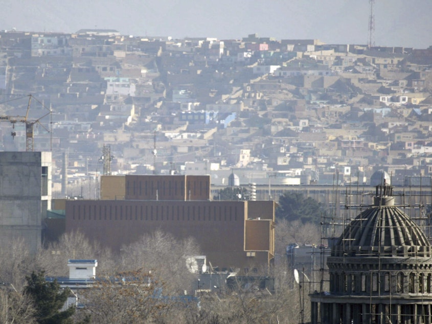 caption: A general view of the U.S. Embassy in Kabul in 2013. The State Department announced Tuesday "the departure from U.S. Embassy Kabul of U.S. government employees whose functions can be performed elsewhere."