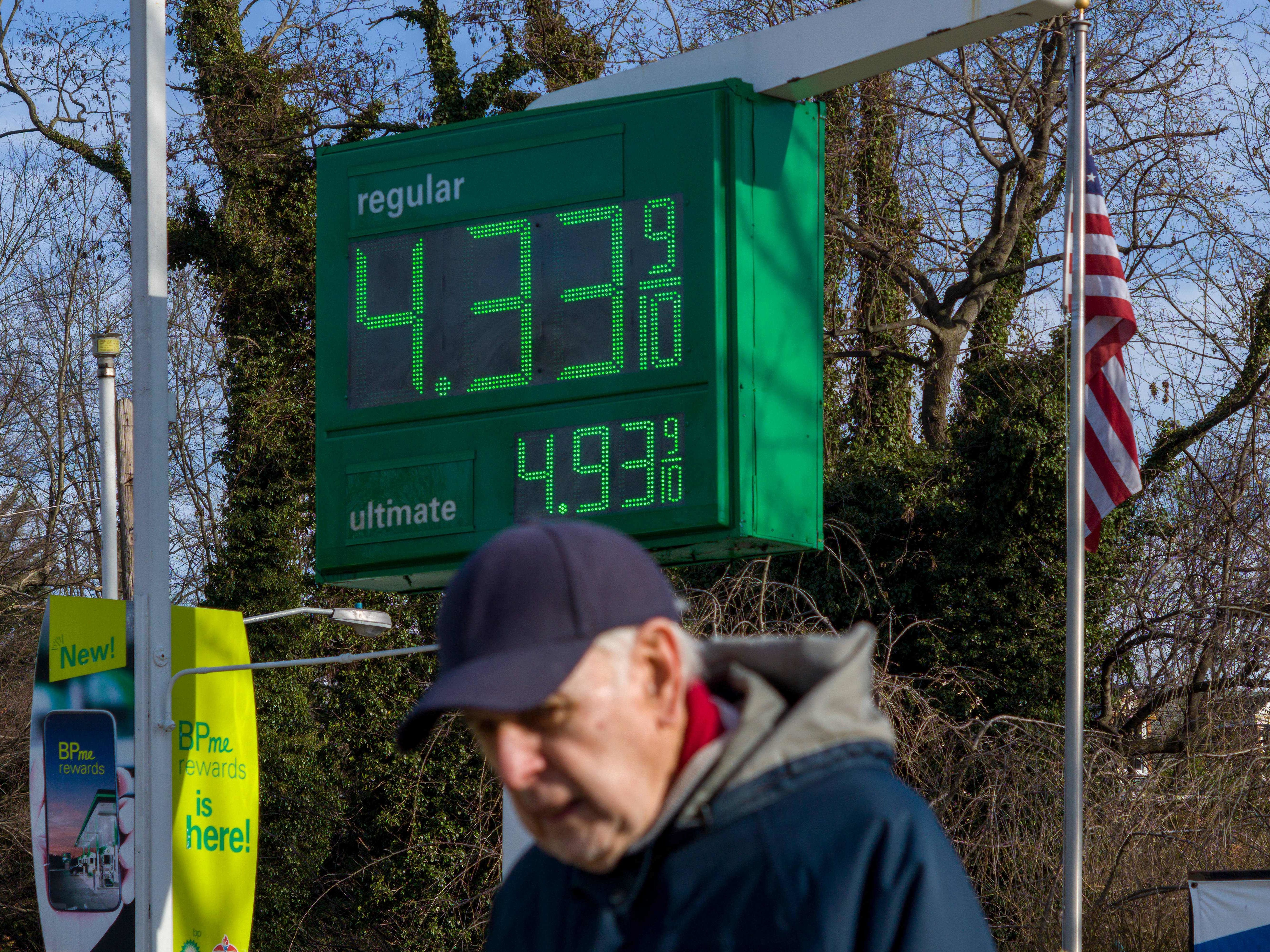 caption: A sign shows the price of gas outside of a gas station in Washington, D.C, on March 8. Annual inflation is likely to have hit another 40-year high in February, yet the data won't fully capture the most recent surge in energy prices after Russia invaded Ukraine.