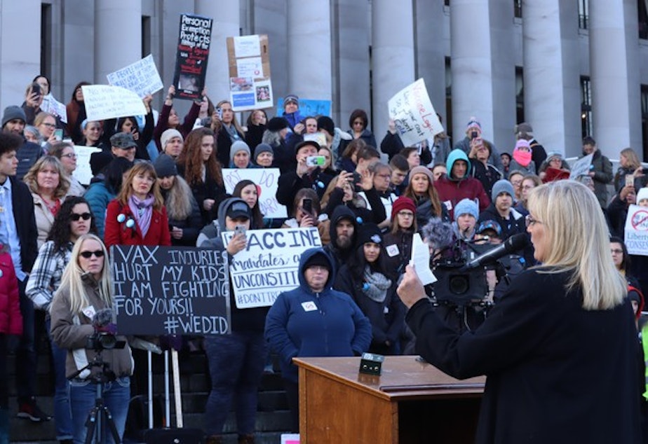 caption: <p>Anti-vaccine advocates rally outside the Washington State Capitol in Olympia.</p>