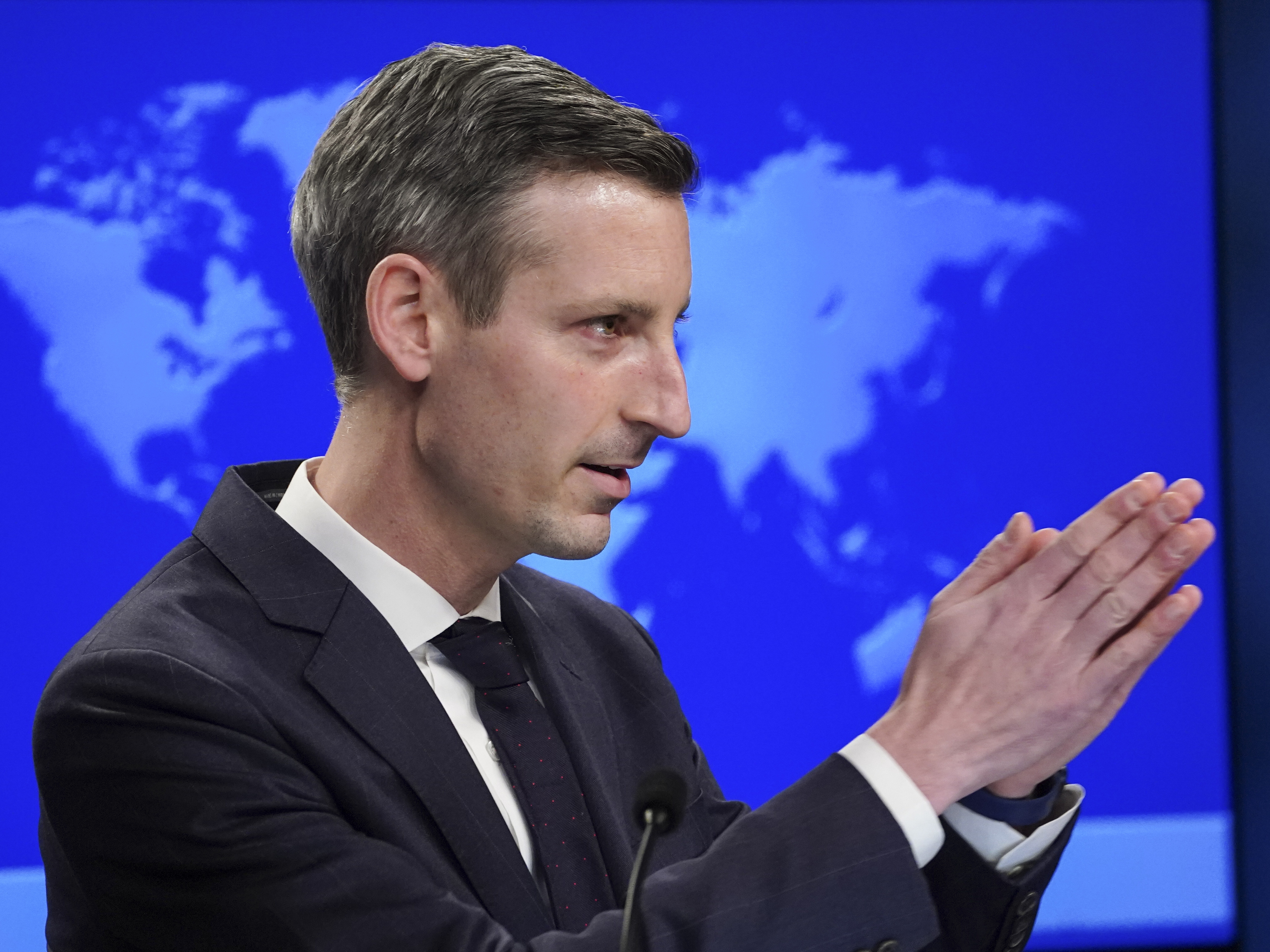 caption: State Dept. Spokesman Ned Price, seen on Monday, says the Biden administration is willing to talk with Iranian and European officials about the nuclear deal.