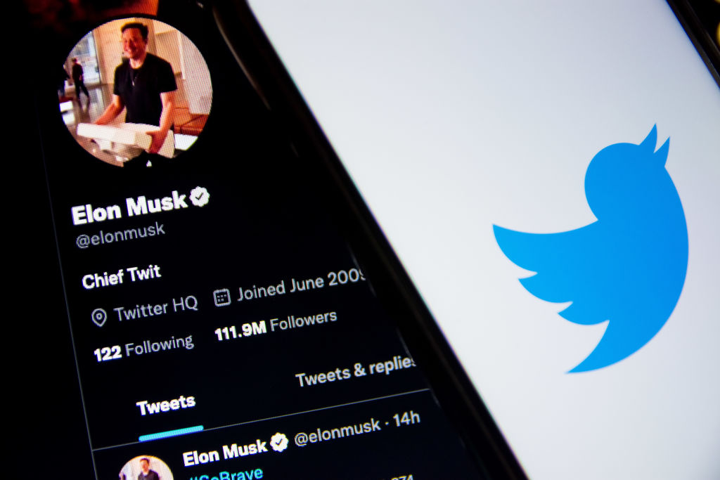 caption: A Twitter logo seen displayed on a smartphone screen with now-owner Elon Musk. (Photo by Nikolas Kokovlis/NurPhoto via Getty Images)