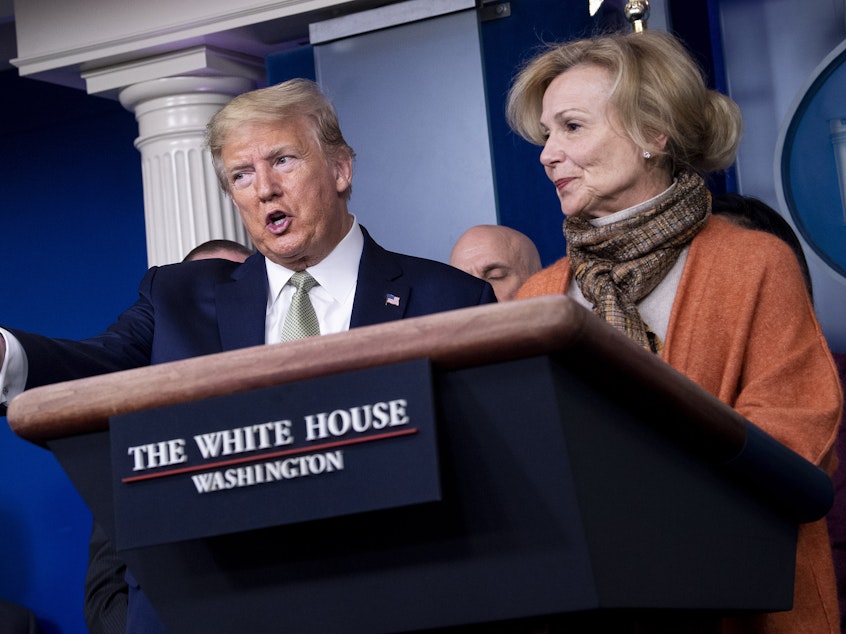 caption: Dr. Deborah Birx, who coordinates the White House Coronavirus Task Force, criticized a test "where 50% or 47% are false positives" at a briefing on March 17.