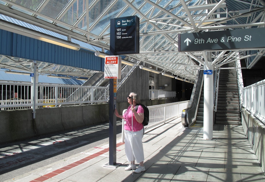 caption: Marci Carpenter, who is blind, advises Seattle on transit issues.