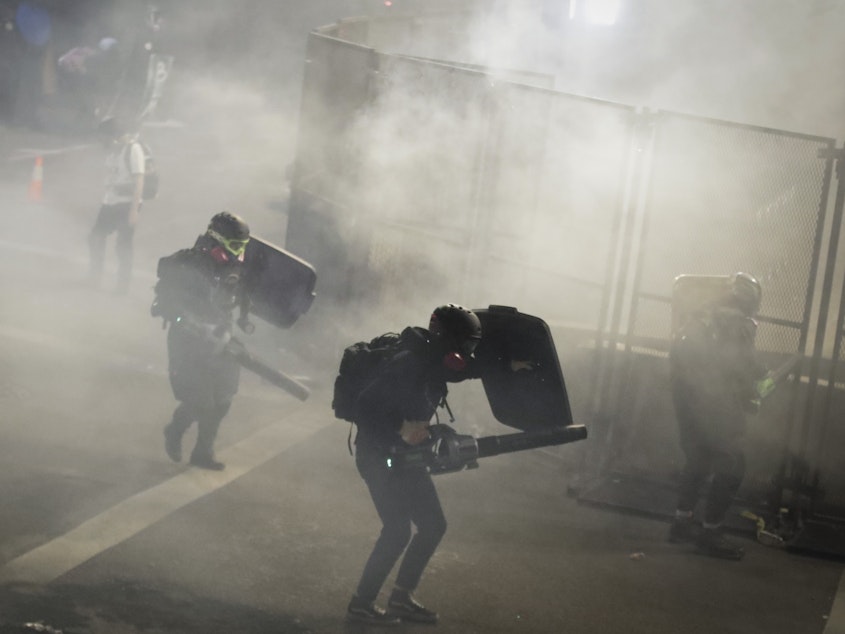 caption: Demonstrators use leaf blowers to try to blow back tear gas launched by federal officers during a Black Lives Matter protest at the Mark O. Hatfield United States Courthouse on Sunday in Portland, Ore.