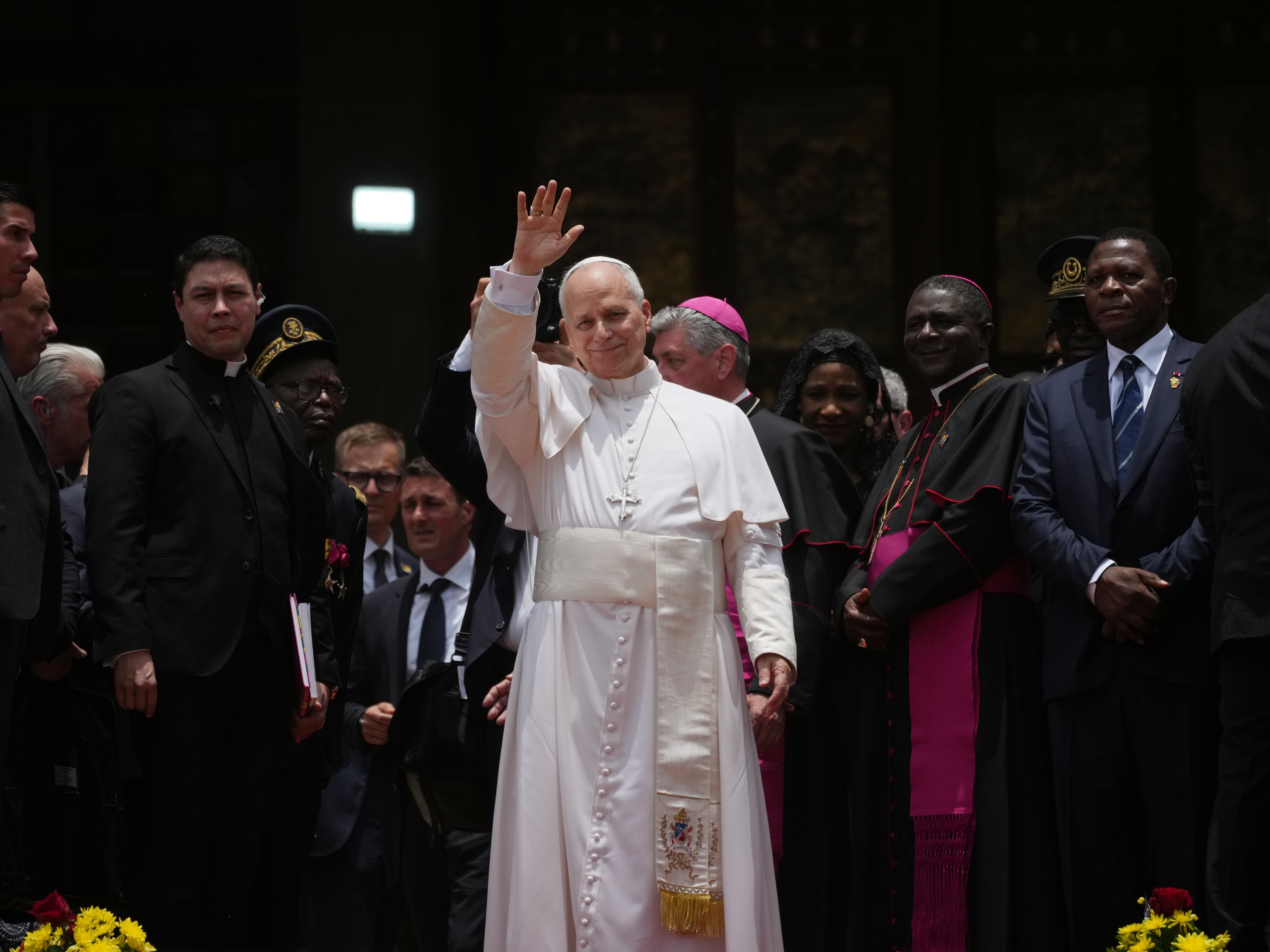 caption: Pope Leo XIV leaves at the end of a meeting for peace at Saint Joseph's Cathedral in Bamenda, Cameroon, with the local community, April 16, 2026, on the fourth day of his 11-day pastoral visit to Africa.